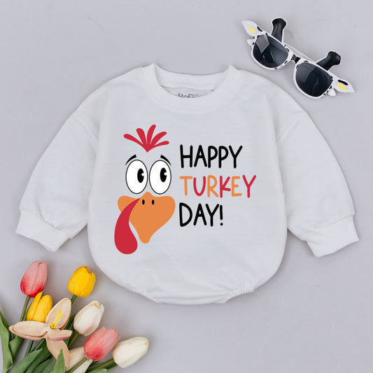 Happy Turkey Day Baby Romper Cute Cartoon Turkey Face & "Happy Turkey Day!" Text for First Thanksgiving Outfit