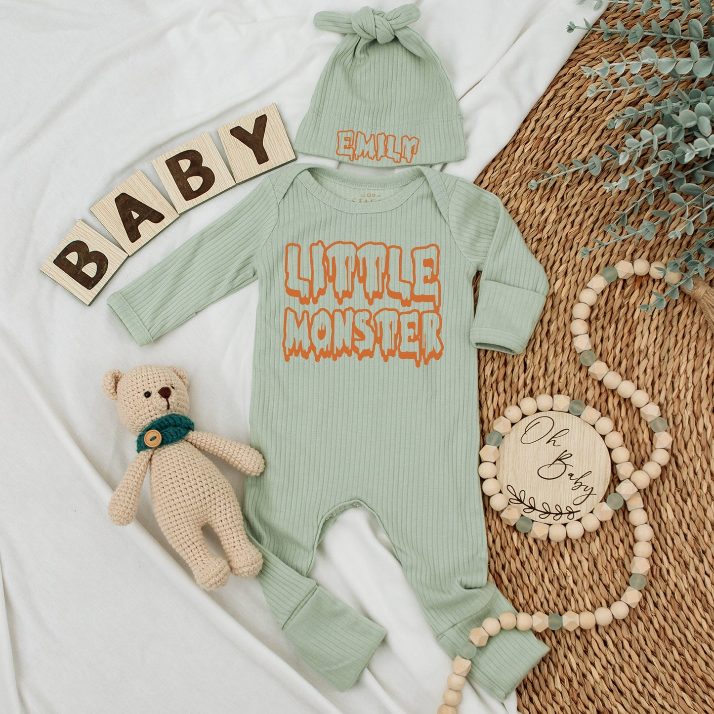 Little Monster Baby Bodysuit and Hat Set Newborn Coming Home Outfit Long Sleeve Cute Fall Baby Announcement Gift