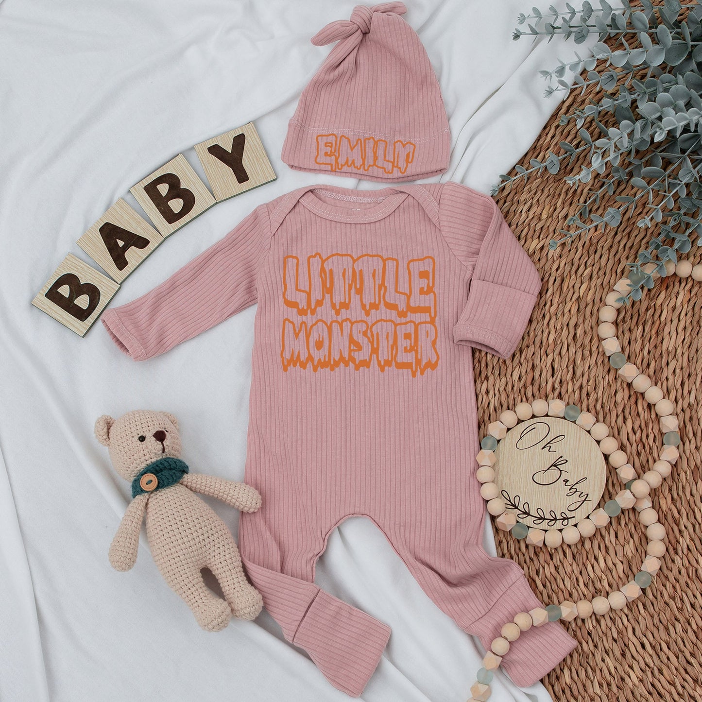 Little Monster Baby Bodysuit and Hat Set Newborn Coming Home Outfit Long Sleeve Cute Fall Baby Announcement Gift