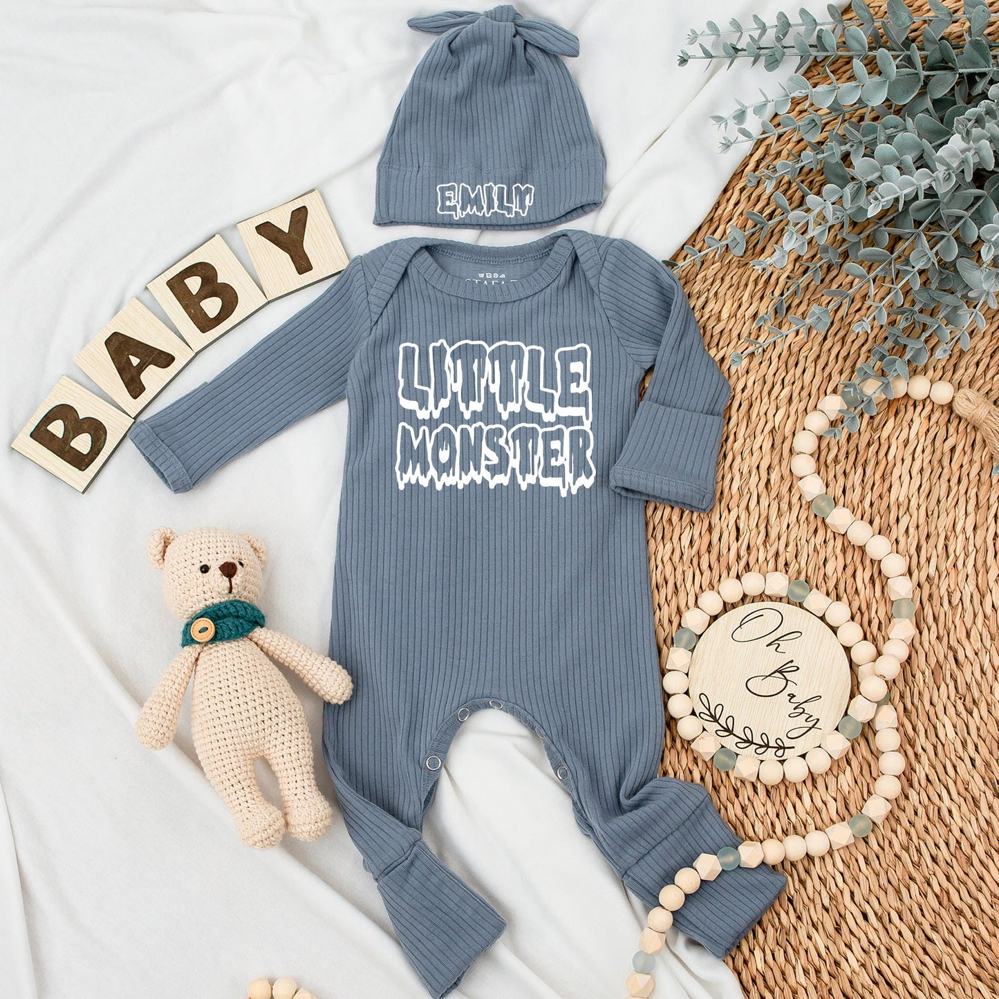 Little Monster Baby Bodysuit and Hat Set Newborn Coming Home Outfit Long Sleeve Cute Fall Baby Announcement Gift