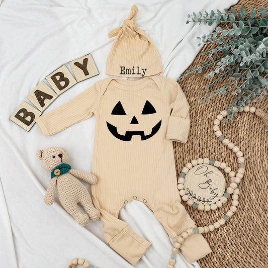 Baby's First Halloween Outfit: Smiling Jack-o'-Lantern Bodysuit, Black Geometric Design, Fun Pumpkin Season Baby Clothes