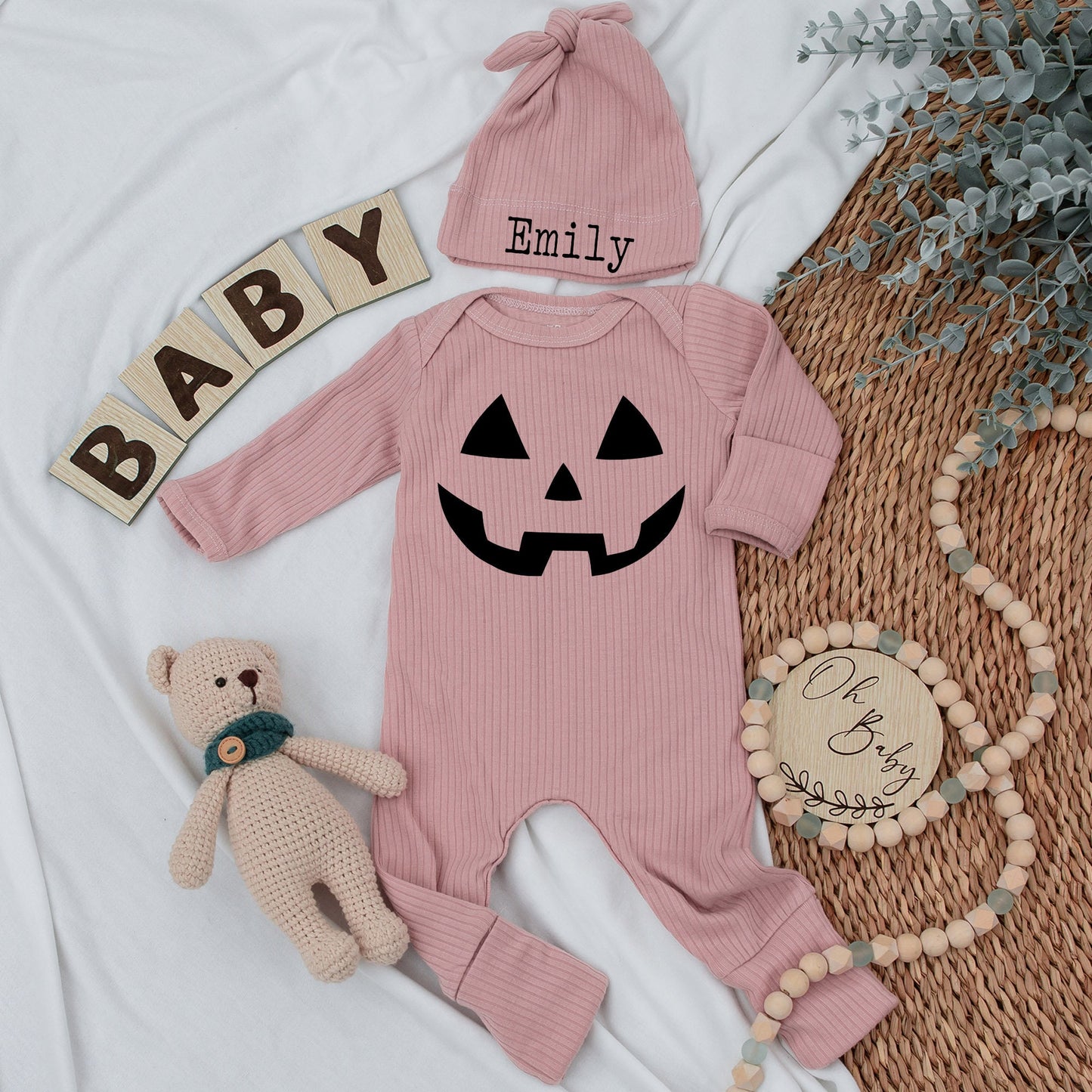 Baby's First Halloween Outfit: Smiling Jack-o'-Lantern Bodysuit, Black Geometric Design, Fun Pumpkin Season Baby Clothes