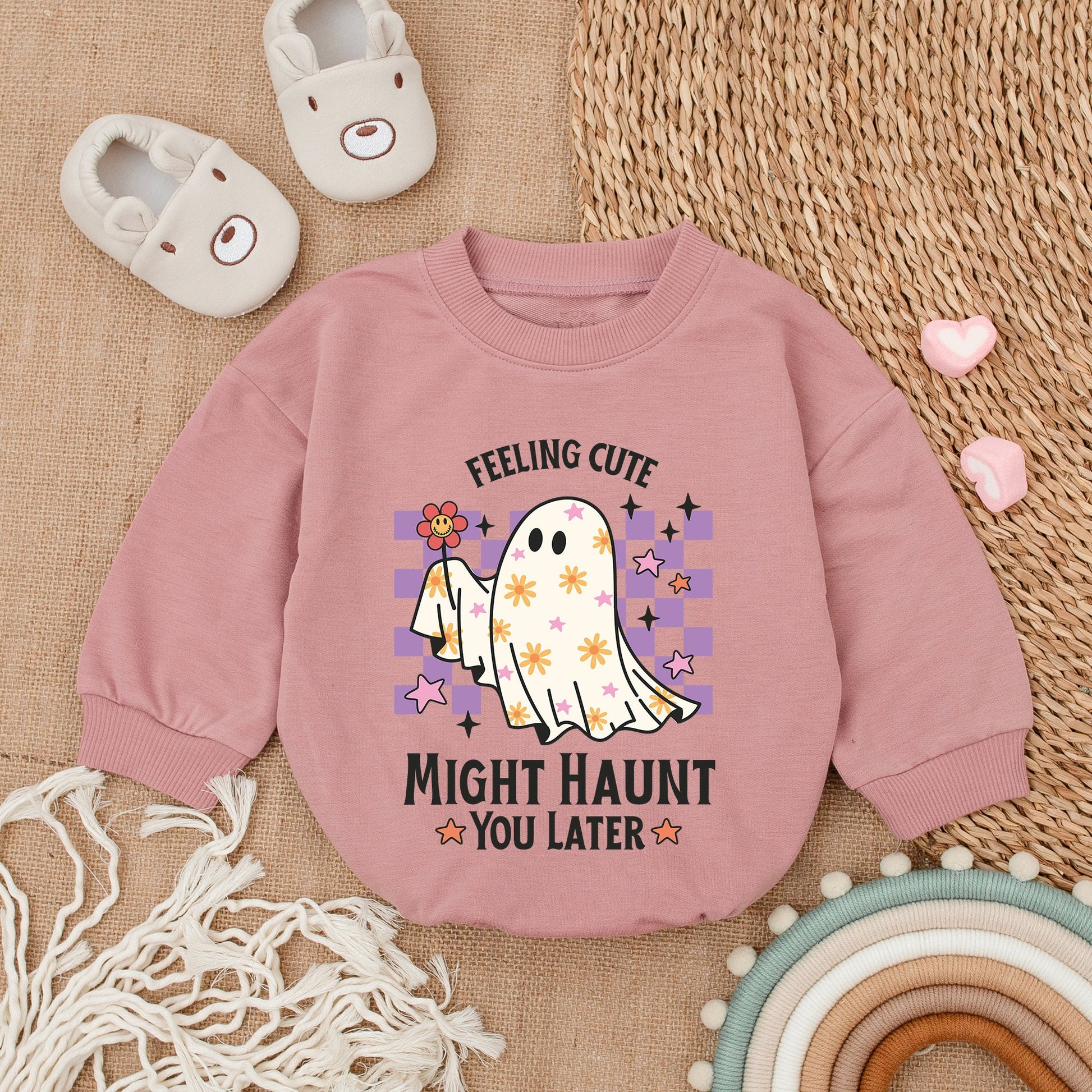 Cute Baby Ghost Bodysuit First Halloween Feeling Cute Might Haunt You Later Purple Checkered Whimsical Retro Infant Romper Fall Outfit