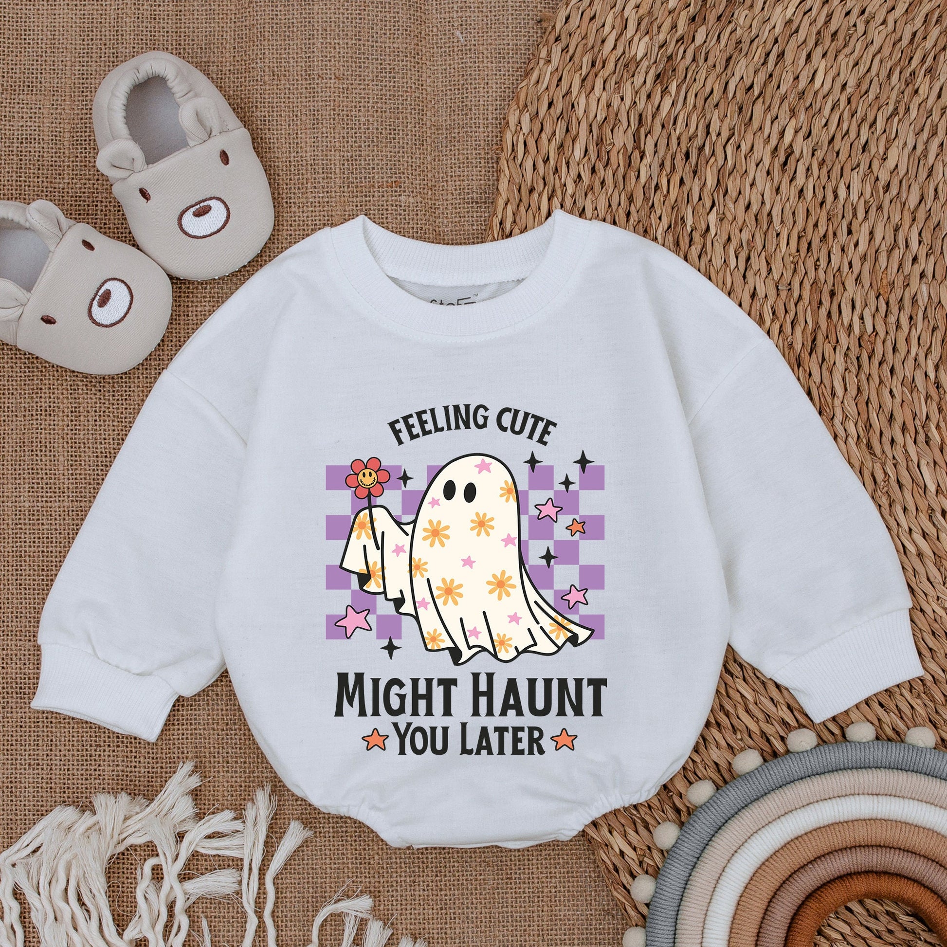 Cute Baby Ghost Bodysuit First Halloween Feeling Cute Might Haunt You Later Purple Checkered Whimsical Retro Infant Romper Fall Outfit