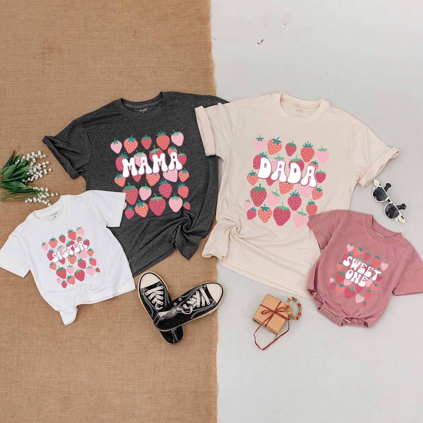Berry First Birthday Family Matching Shirts Strawberry Sweet One Design Mama Dada Sister Outfit Baby Girl Bodysuit Pink Retro Party