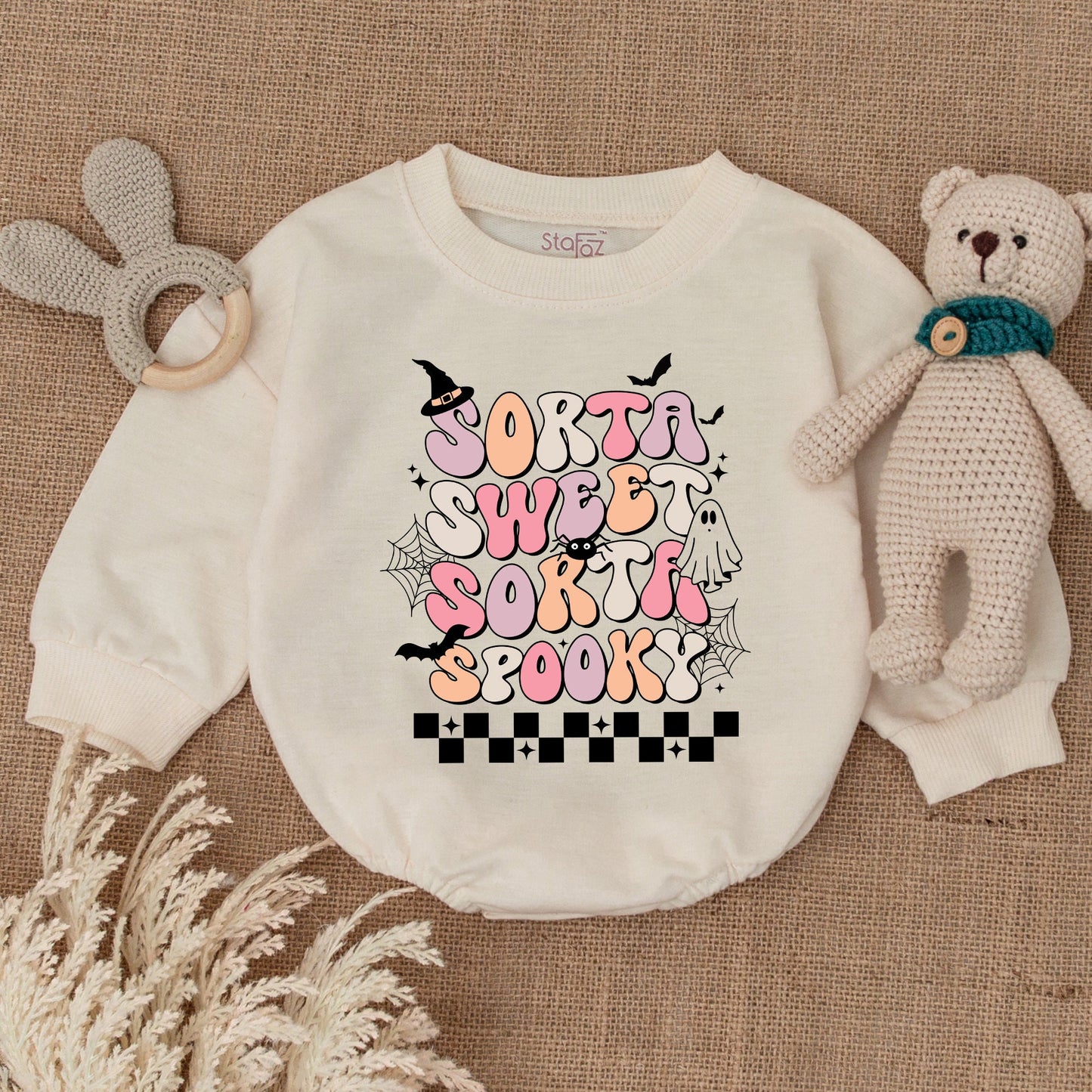 Sorta Sweet Sorta Spooky Halloween Bubble Romper Baby Bodysuit Pink Peach White Retro Vibe Ghost Bats Stars Checkered Pattern Toddler Clothes