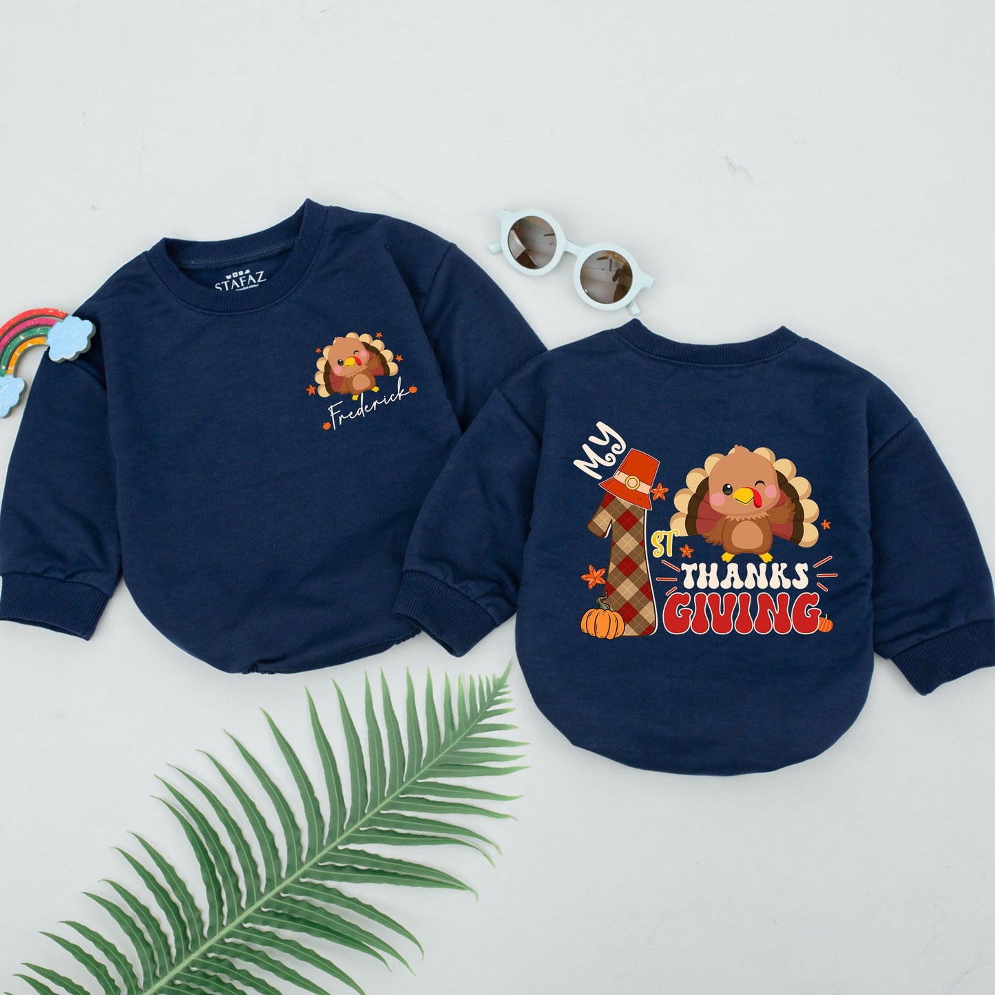 Personalized My 1st Thanksgiving Romper, Winking Turkey Baby Outfit, Fall Leaves, Thanksgiving Day Coming Home Gift, Modern Cartoon Style, Custom Name 139
