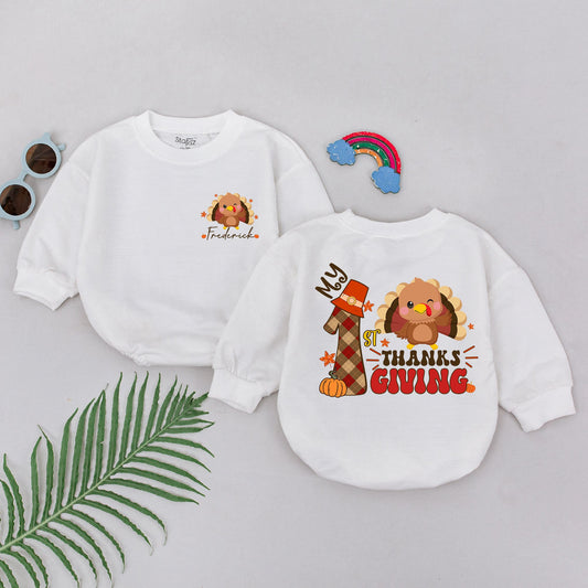 Personalized My 1st Thanksgiving Romper, Winking Turkey Baby Outfit, Fall Leaves, Thanksgiving Day Coming Home Gift, Modern Cartoon Style, Custom Name 139