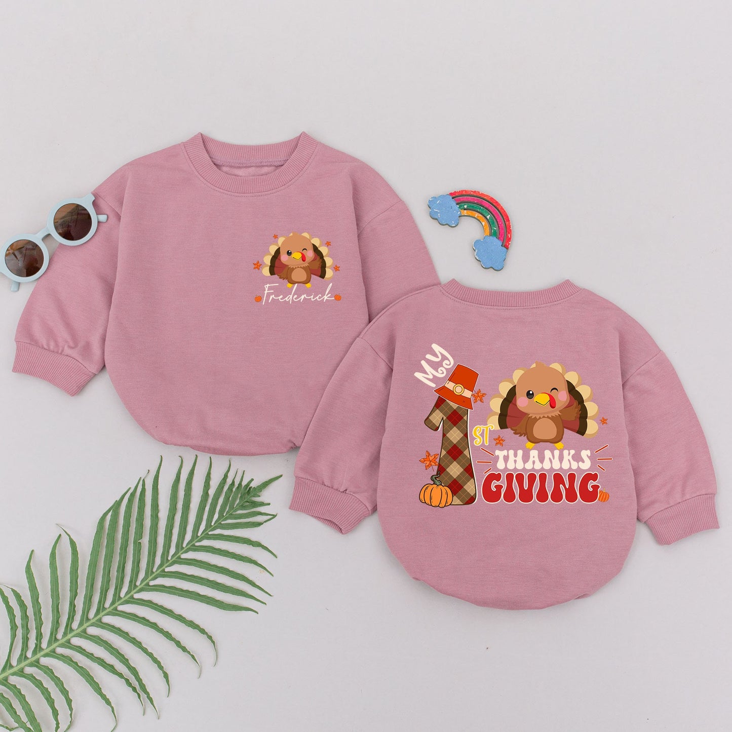 Personalized My 1st Thanksgiving Romper, Winking Turkey Baby Outfit, Fall Leaves, Thanksgiving Day Coming Home Gift, Modern Cartoon Style, Custom Name 139
