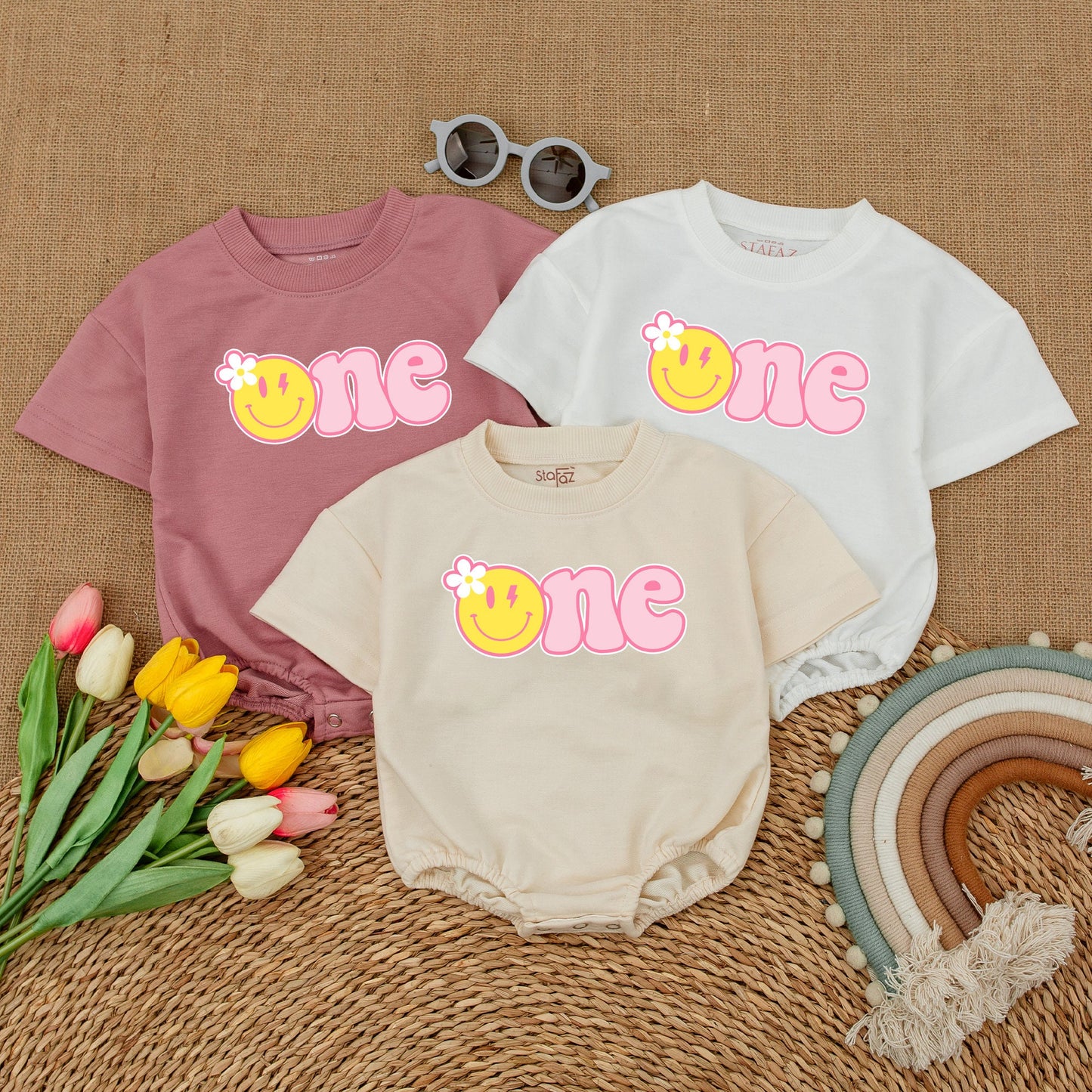 One Happy Girl Daisy Birthday Romper Smiley Face Outfit Baby First Birthday Short Sleeve Cake Smash Outfit, Sweet Celebration Bodysuit 1st Birthday (139)