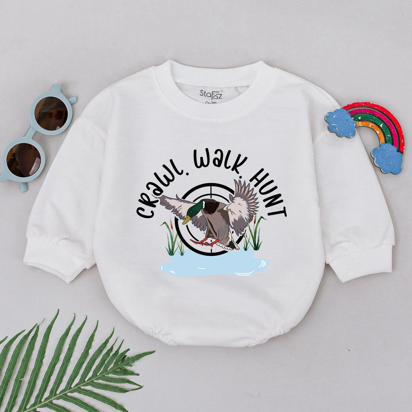 Crawl Walk Hunt Baby Romper Cartoon Mallard Duck Newborn Outfits Girls Boys Gift for Duck Hunting Enthusiasts Little Hunter Bodysuit with Soft Design