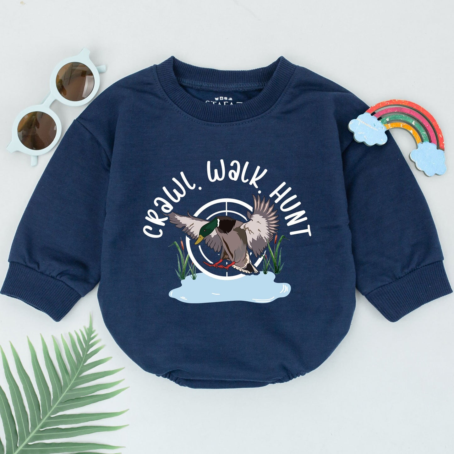 Crawl Walk Hunt Baby Romper Cartoon Mallard Duck Newborn Outfits Girls Boys Gift for Duck Hunting Enthusiasts Little Hunter Bodysuit with Soft Design