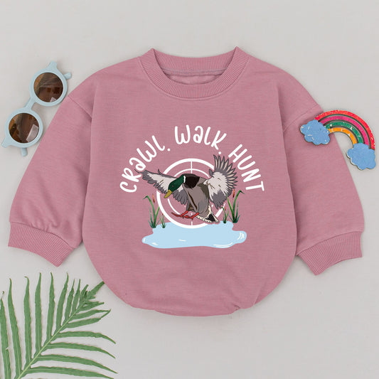 Crawl Walk Hunt Baby Romper Cartoon Mallard Duck Newborn Outfits Girls Boys Gift for Duck Hunting Enthusiasts Little Hunter Bodysuit with Soft Design