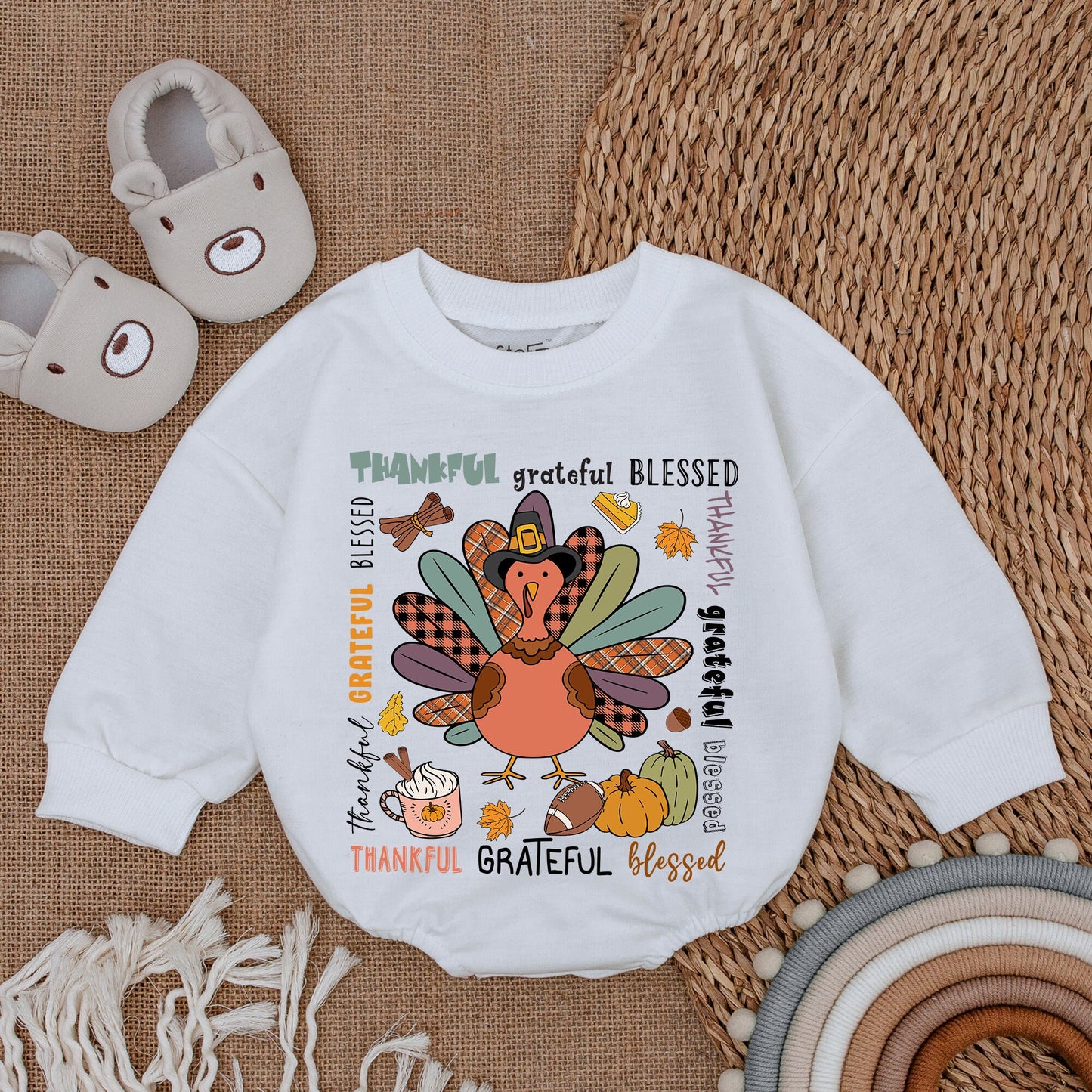 Thankful Grateful Blessed Cartoon Turkey Baby Romper Cute Thanksgiving Outfit Girl Infant Clothes Festive Fall Baby Shower Gift Bodysuit