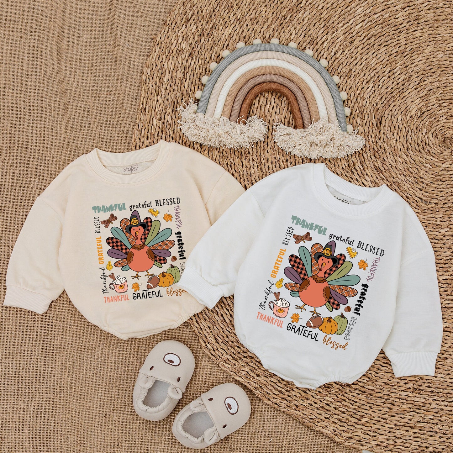 Thankful Grateful Blessed Cartoon Turkey Baby Romper Cute Thanksgiving Outfit Girl Infant Clothes Festive Fall Baby Shower Gift Bodysuit