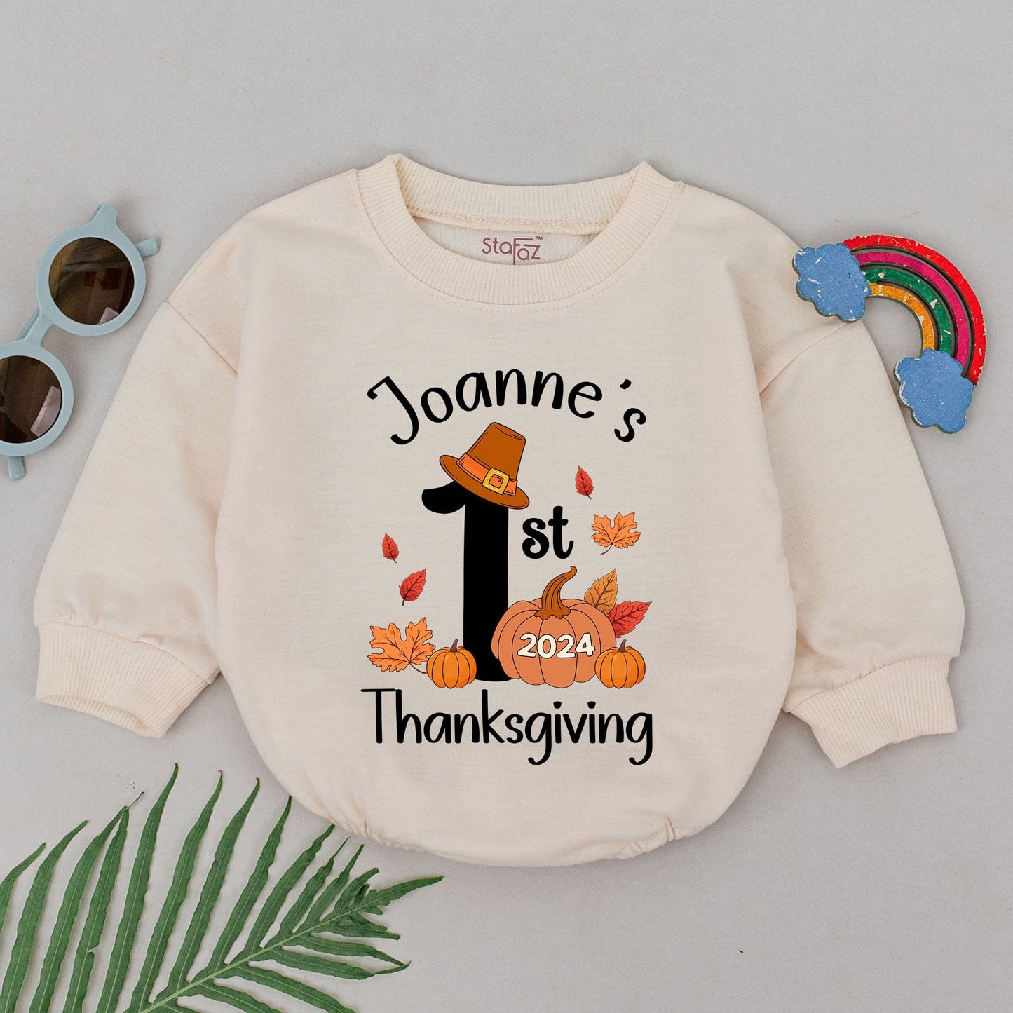 First Thanksgiving Baby Romper – Personalized Pumpkin Spice Outfit