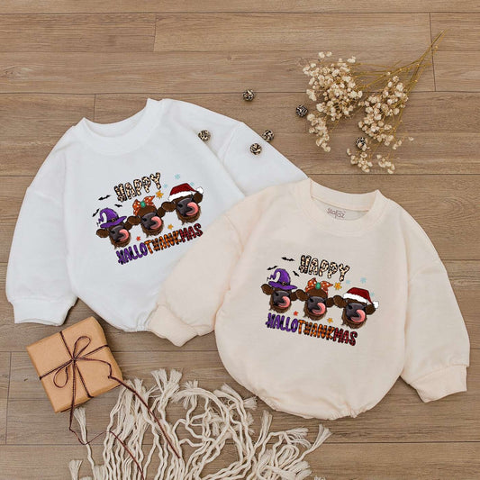 Happy Hallothanksmas Highland Cow Romper Baby Outfit Witch Santa Hat First Thanksgiving Clothes Thankful Bodysuit