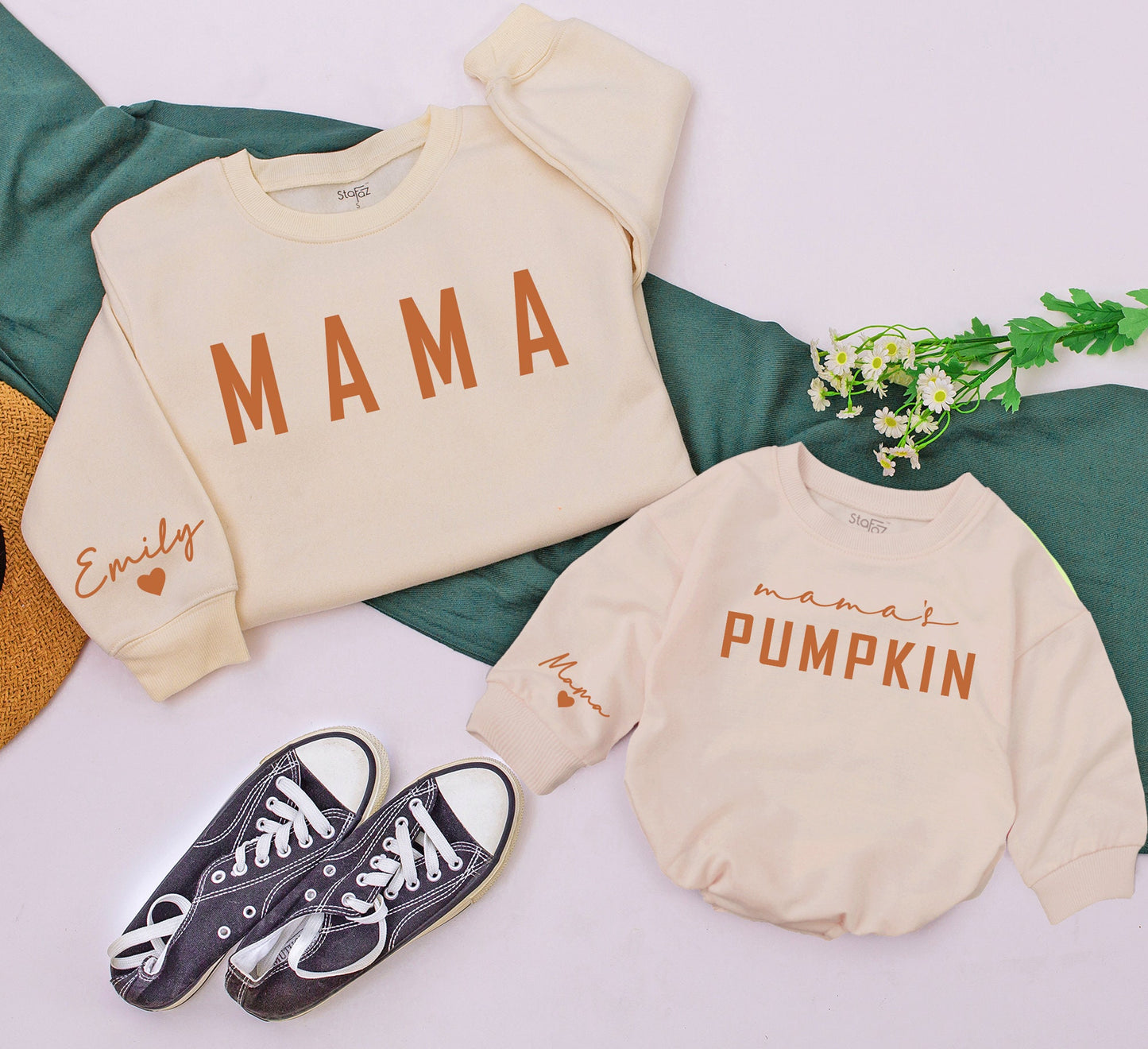 Mama & Mamas Pumpkin Matching Fall Sweatshirts Mommy and Me Outfits Emily Name Heart Baby Toddler