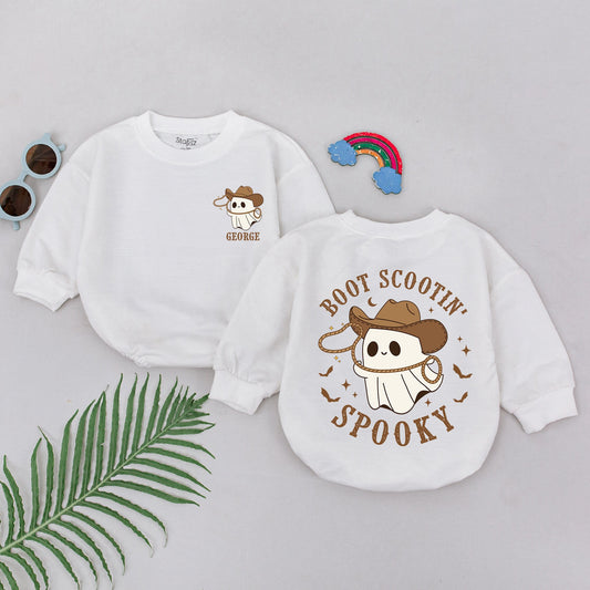 Boot Scootin' Spooky Ghost Romper for Girls Personalized Cute Cowboy Halloween Baby Shower Newborn Western Cowboy Cowgirl Outfits Light Cream Brown Ink