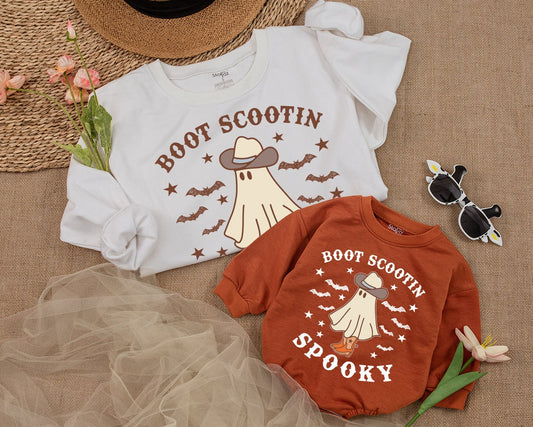 Boot Scootin' Spooky Sweatshirt: Cowboy Ghost Halloween Sweater with Bats & Stars, Retro Fall Style Gift