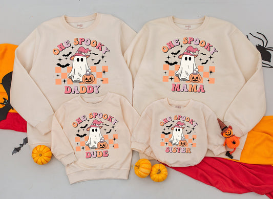 One Spooky Dude Halloween Birthday Sweater Baby Toddler Pumpkin Candy Bucket Retro Witch Hat Kids Fall Holiday Sweatshirt