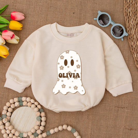 Custom Cute Boo Ghost Romper Personalized Name Little Boo Baby Bodysuit Halloween Fall Outfit Shower Gift