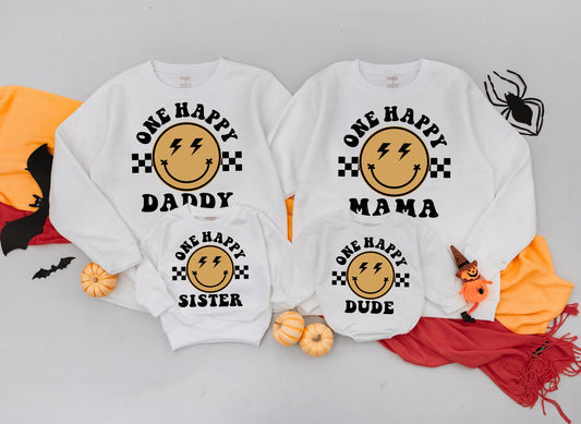 One Happy Dude Retro Lightning Bolt Smiley Birthday Outfit Matching Family Sweatshirt Baby Romper Gift for Dad