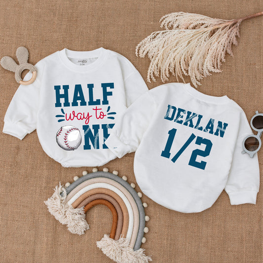 Halfway to One Baseball Romper Baby Boy's 6-Month Birthday Outfit Deklan 1/2 Number Design Infant Clothes Baseball Birthday Gift
