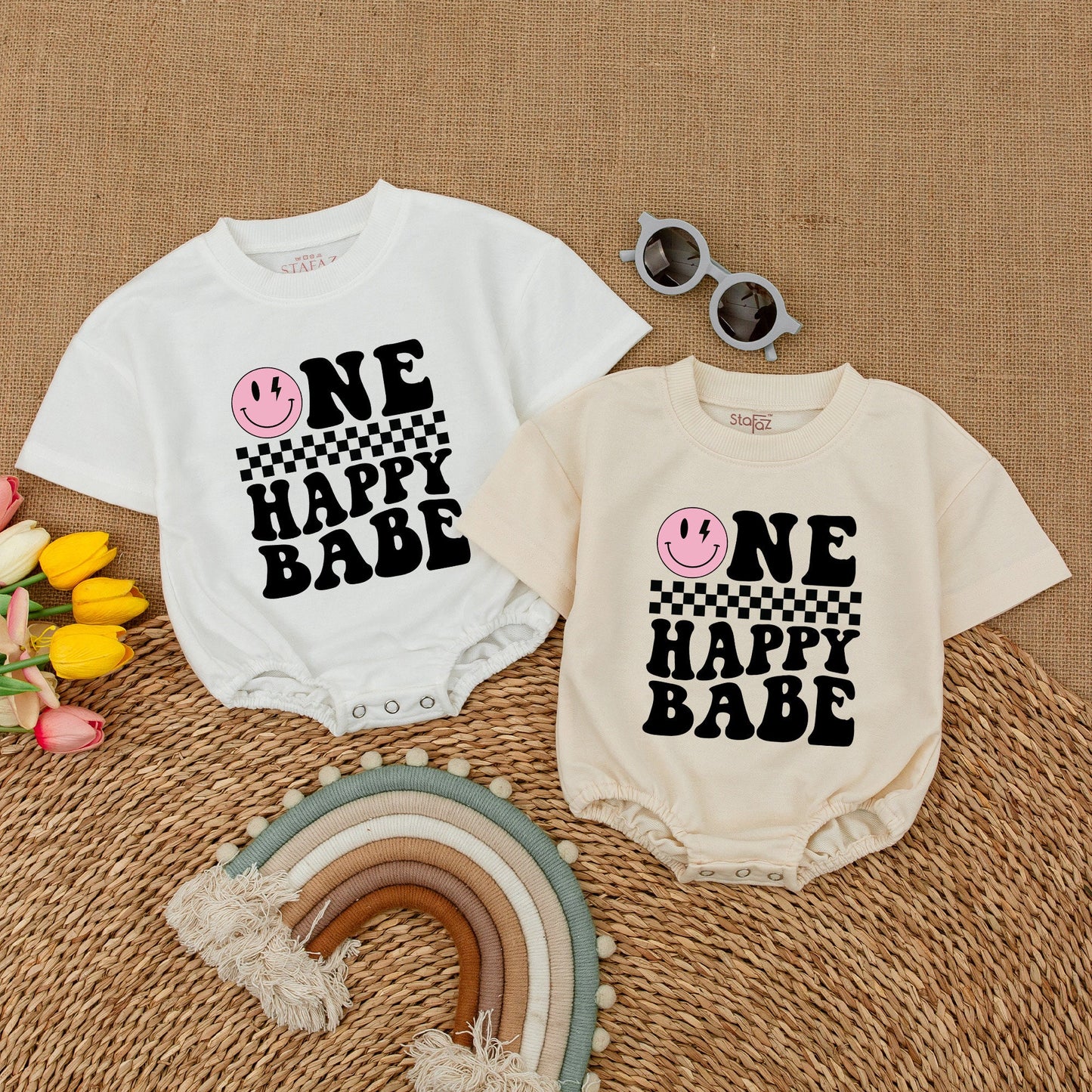 Personalized One Happy Babe Romper: Retro Groovy First Birthday Outfit, Checkered Smiley Face, Lightning Bolt Eyes, Custom Name, Matching Family Celebration (139 chars)
