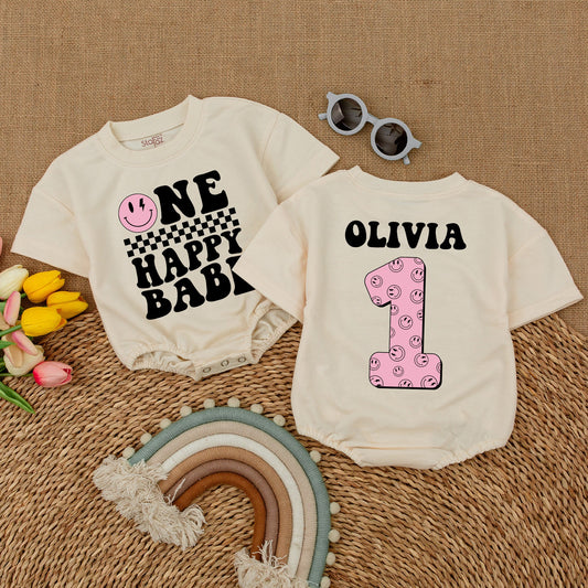 Personalized One Happy Babe Romper: Retro Groovy First Birthday Outfit, Checkered Smiley Face, Lightning Bolt Eyes, Custom Name, Matching Family Celebration (139 chars)