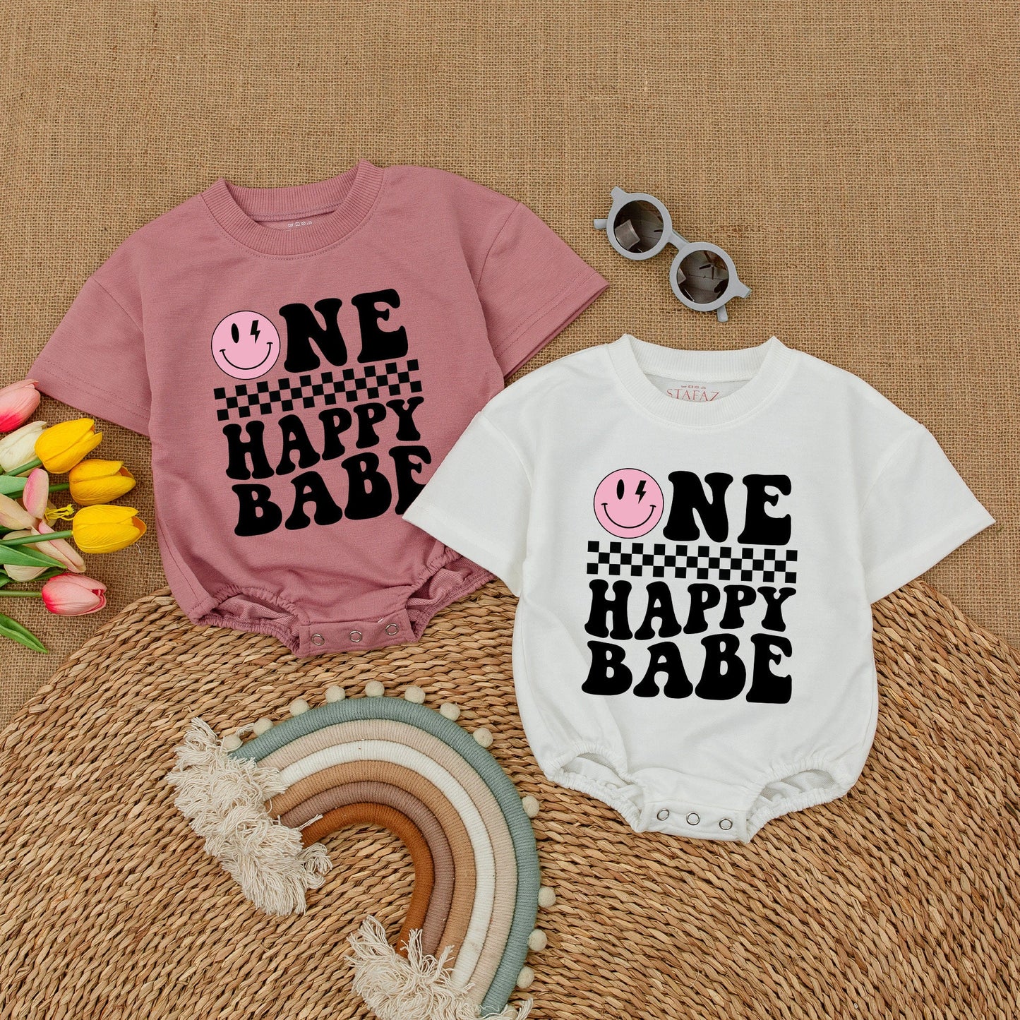 Personalized One Happy Babe Romper: Retro Groovy First Birthday Outfit, Checkered Smiley Face, Lightning Bolt Eyes, Custom Name, Matching Family Celebration (139 chars)
