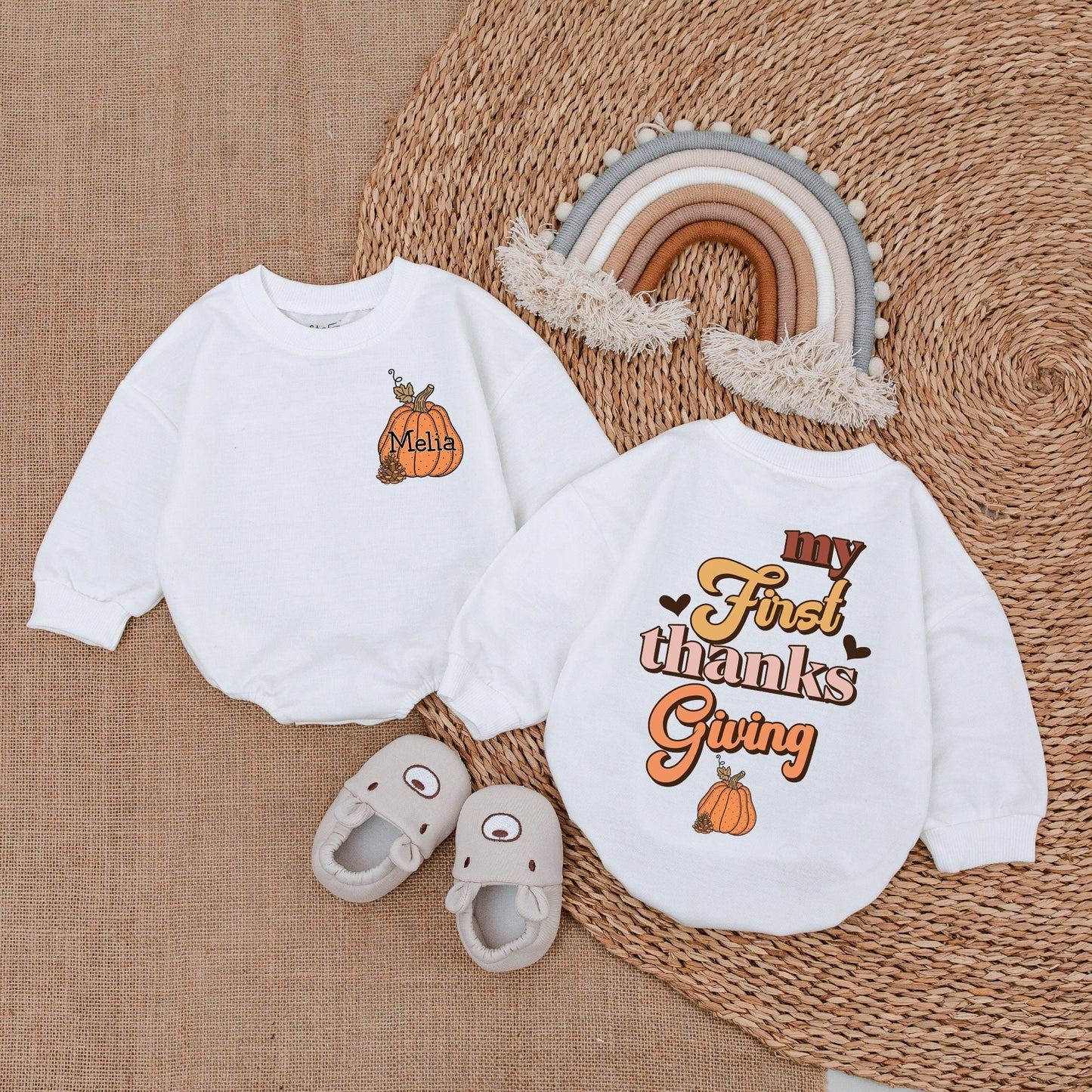 Baby's First Thanksgiving Outfit | Groovy Fall Romper with Pumpkin & 'My First Thanksgiving' Text Baby Girl Clothes Vintage Style