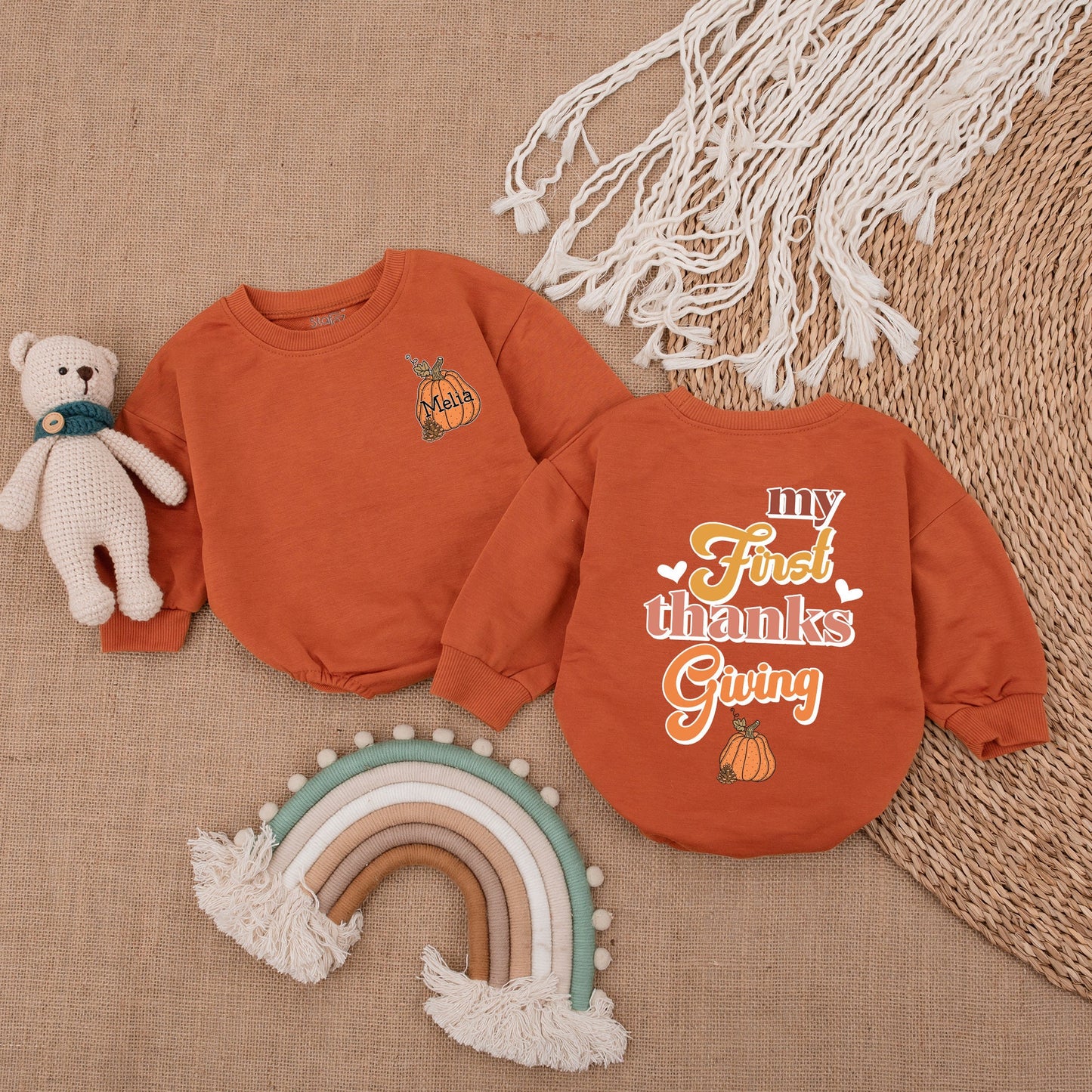 Baby's First Thanksgiving Outfit | Groovy Fall Romper with Pumpkin & 'My First Thanksgiving' Text Baby Girl Clothes Vintage Style