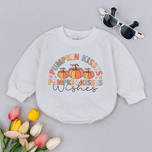 Pumpkin Kisses Wishes Baby Romper, Thanksgiving Outfit for Baby Girl, Fall Festive Bodysuit Gift, First Thanksgiving Outfit, Cute Pastel Design
