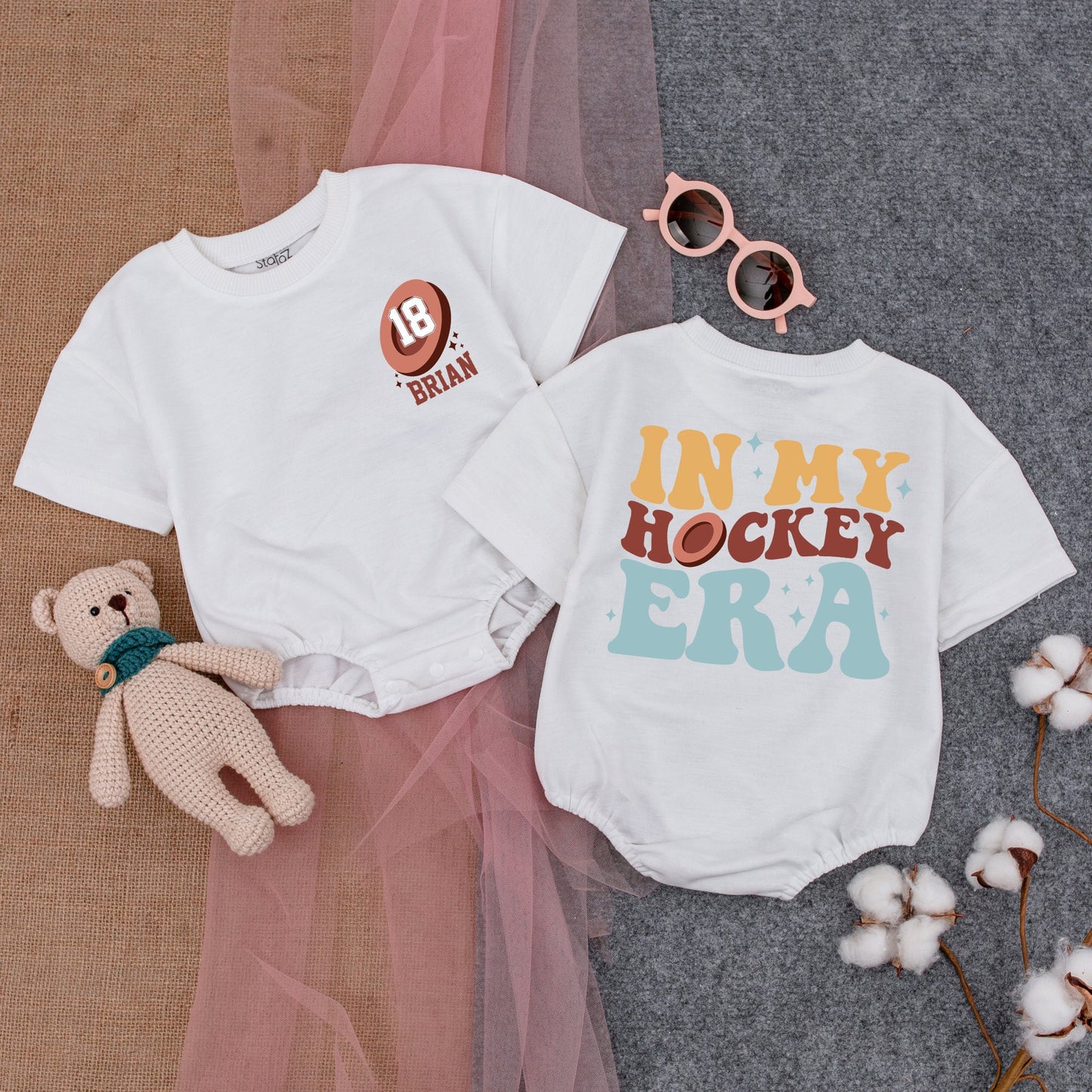 Custom In My Hockey Era Baby Romper Personalized Name 18 Puck Design Future Hockey Player Outfit Short Sleeve Funny Newborn Game Day Fan