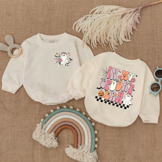 In My Spooky Era Halloween Romper Set Baby's First Outfit Vintage Ghost Pumpkin Bodysuit Checkered Design Whimsical Shower Gift Baby Boy Costume 138 chars