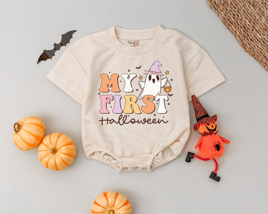 My First Halloween Baby Romper Retro Ghost Outfit Playful Infant Boys Girls Autumn Clothes Vintage Trick-or-Treat Design Orange Yellow Pink White