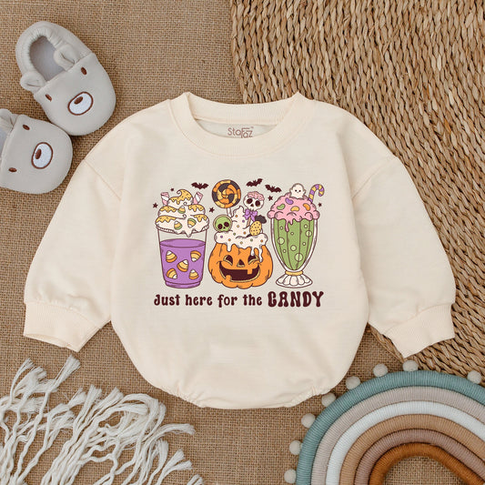 Baby Girl Halloween Romper "Just Here For Candy" Cute Dessert Design First Spooky Fall Outfit Purple Orange Green Ghost Bats Stars