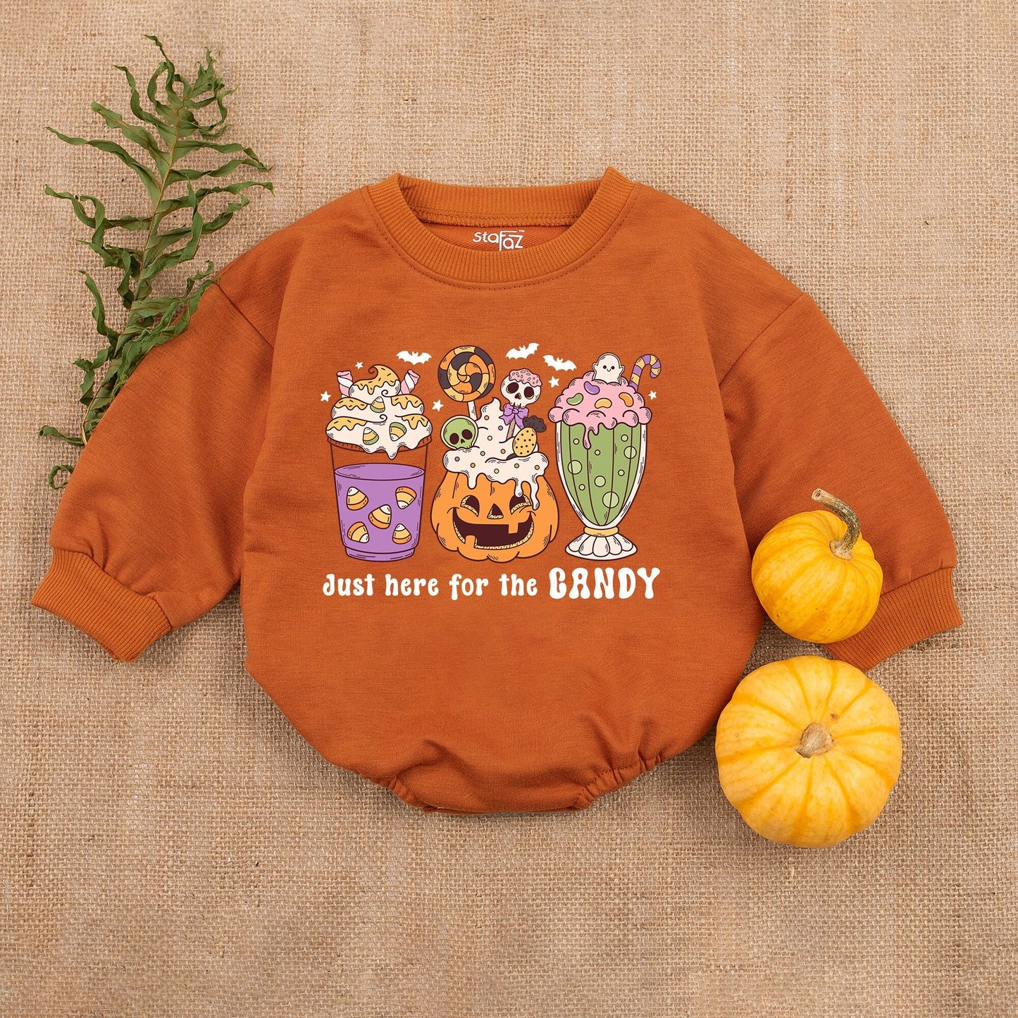 Baby Girl Halloween Romper "Just Here For Candy" Cute Dessert Design First Spooky Fall Outfit Purple Orange Green Ghost Bats Stars