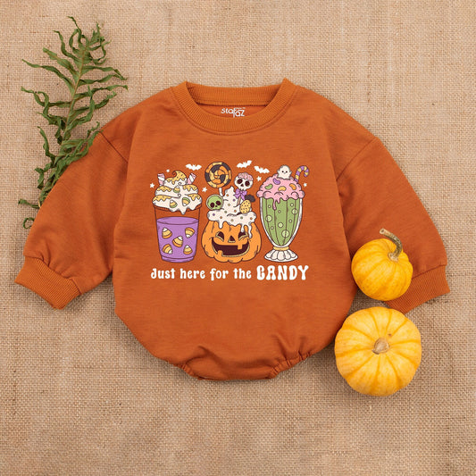 Baby Girl Halloween Romper "Just Here For Candy" Cute Dessert Design First Spooky Fall Outfit Purple Orange Green Ghost Bats Stars