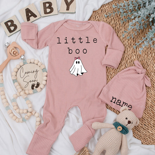 Little Boo Ghost Halloween Bodysuit & Hat Set Custom Name Infant Thanksgiving Fall Baby Shower Outfit