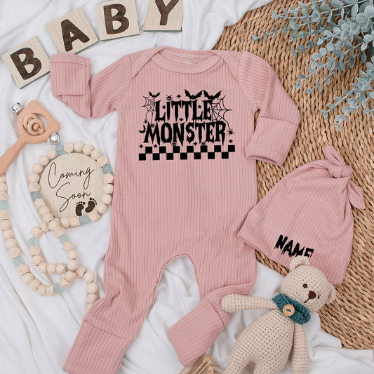 Little Monster Halloween Baby Bodysuit & Hat Set, Newborn Coming Home Outfit, Fall Baby Announcement Gift, Black Spooky Design