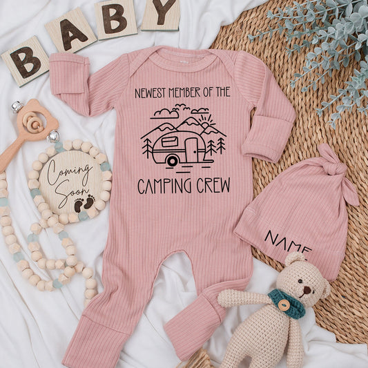 Newest Member Camping Crew Baby Bodysuit and Hat Set Adventure Gift Newborn Baby Shower Outfit Soft Cotton Clothes One Happy Camper