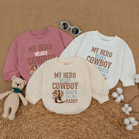 My Hero Wears Cowboy Boots I Call Him Daddy Baby Romper, Western Rustic Floral Bodysuit for Father's Day and Baby Showers