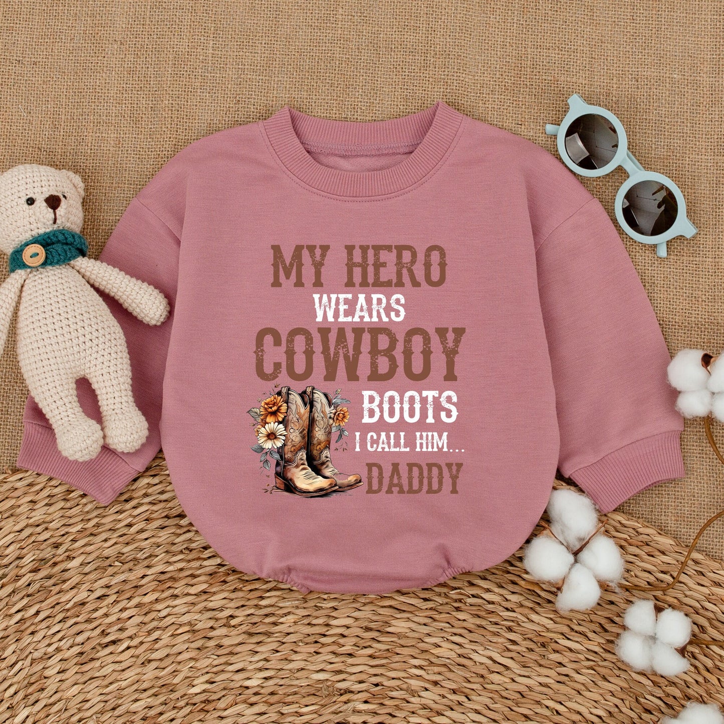 My Hero Wears Cowboy Boots I Call Him Daddy Baby Romper, Western Rustic Floral Bodysuit for Father's Day and Baby Showers