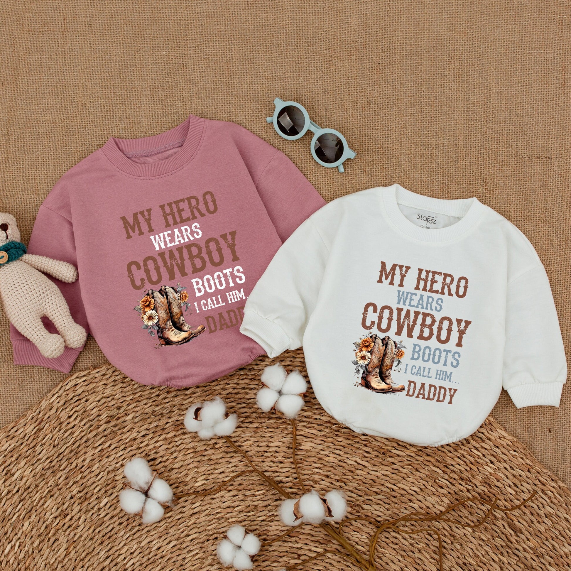 My Hero Wears Cowboy Boots I Call Him Daddy Baby Romper, Western Rustic Floral Bodysuit for Father's Day and Baby Showers