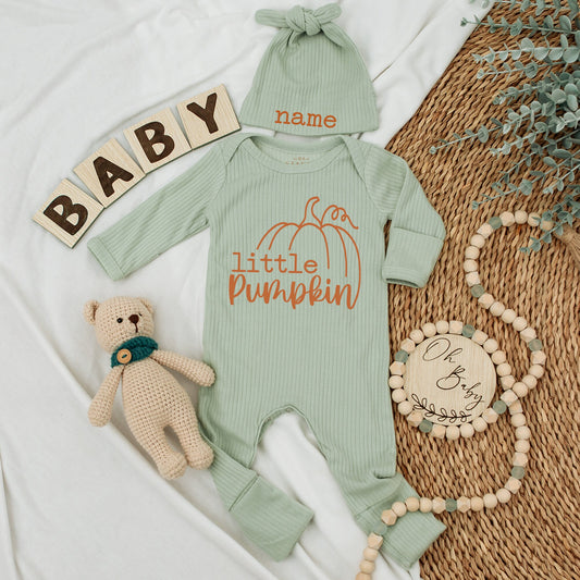 Little Pumpkin Baby Bodysuit & Hat Set Personalized Name Newborn Outfit Baby Shower Gift Fall Announcement