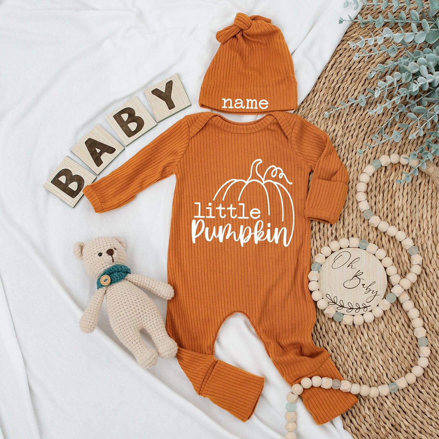 Little Pumpkin Baby Bodysuit & Hat Set Personalized Name Newborn Outfit Baby Shower Gift Fall Announcement