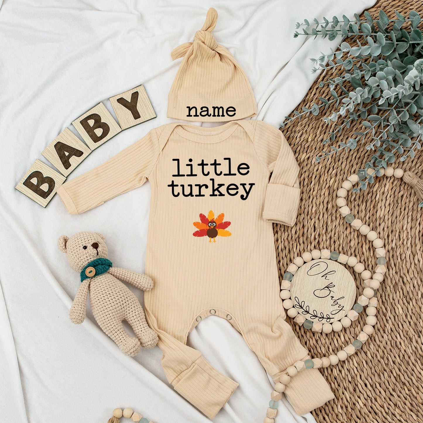 Thanksgiving Infant Outfit Set: Personalized Bodysuit & Hat for Babies