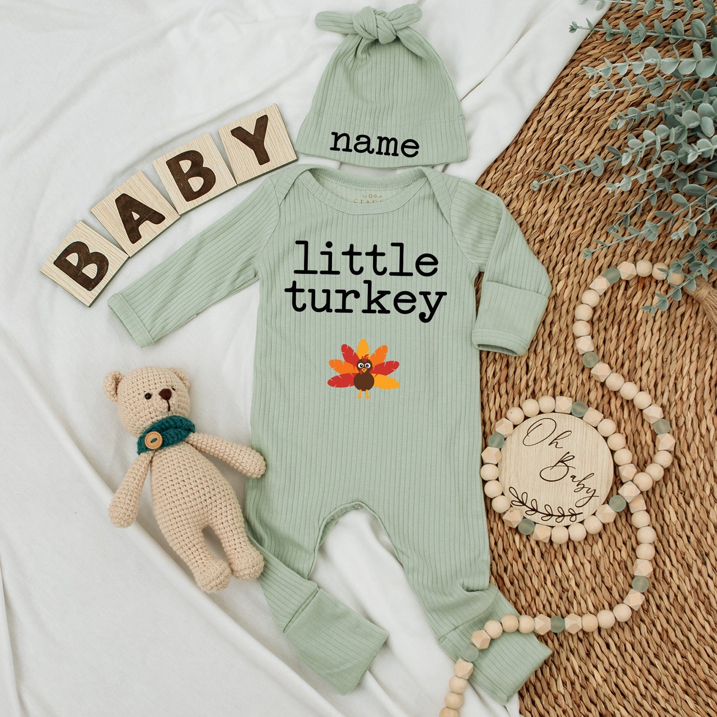 Thanksgiving Infant Outfit Set: Personalized Bodysuit & Hat for Babies
